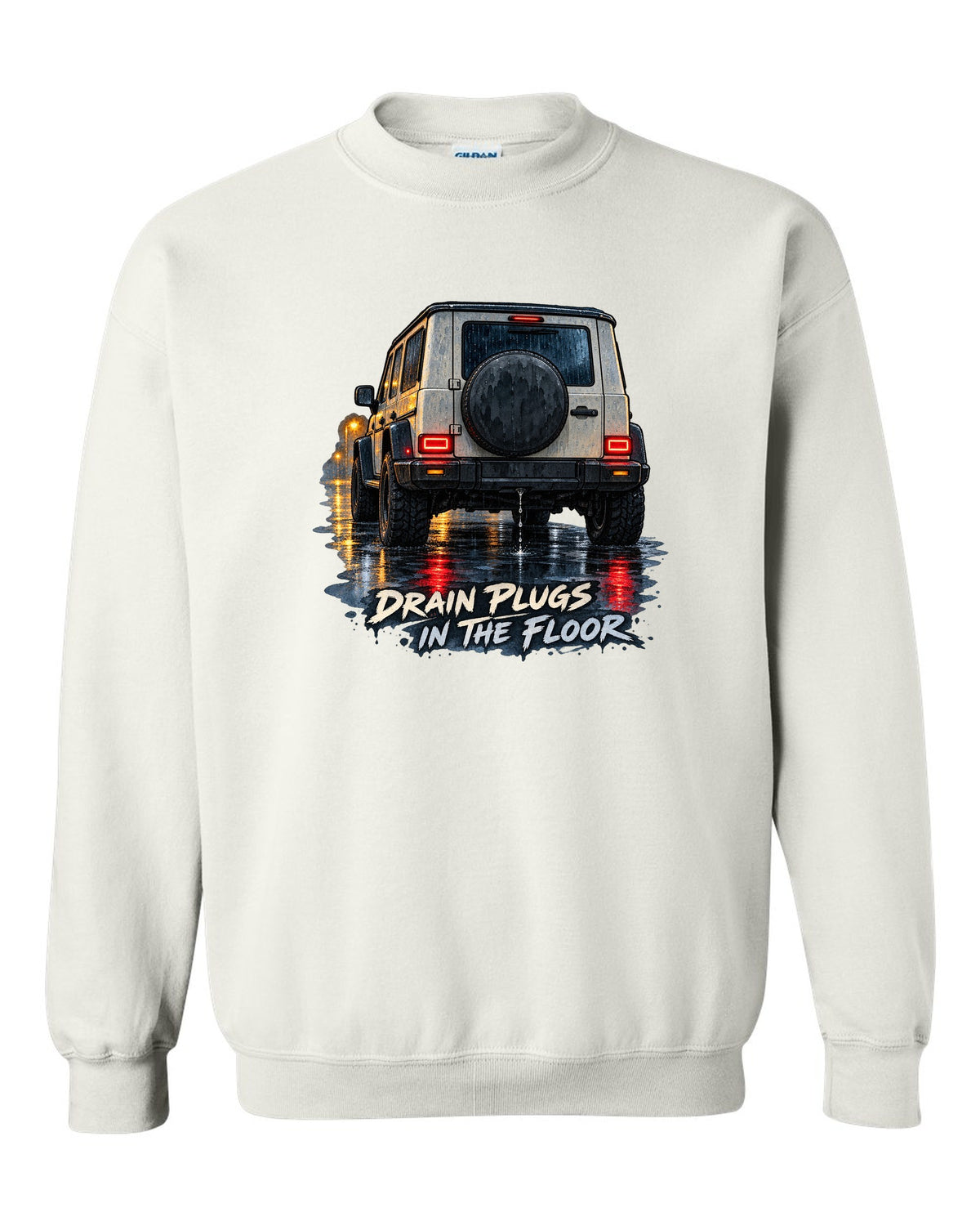 Jeep Wrangler JL taillight reflections on wet road in watercolour with drain plugs in the floor text white crewneck front view with the design
