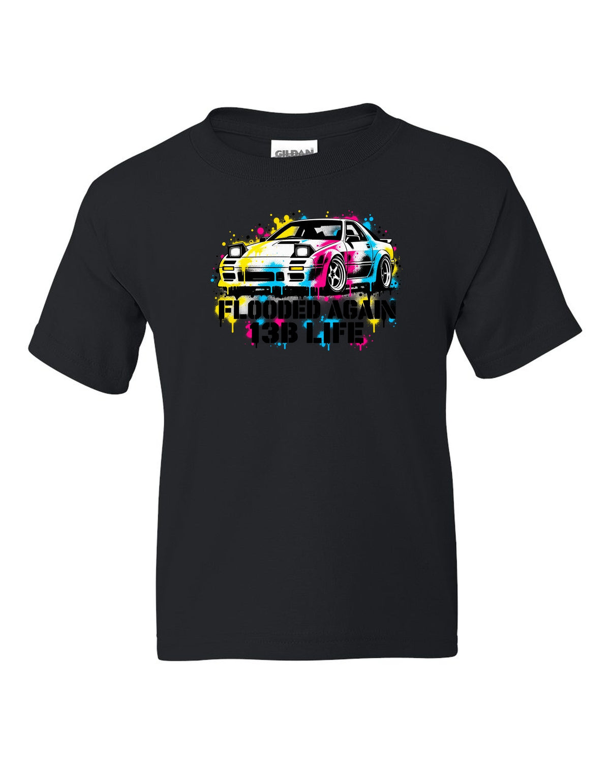Stencil spray street art print for the Mazda RX-7 FC3S with flooded again 13B life lettering black kids tee front view with the design