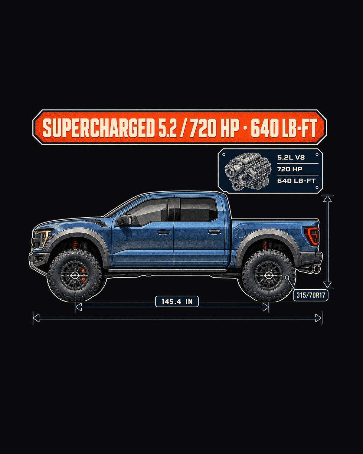 Ford F-150 Raptor R 2023 Dimension Blueprint Shirt design only