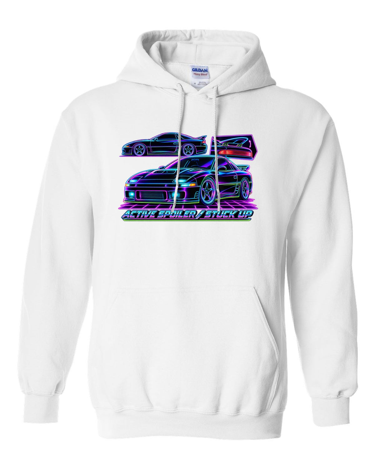 Neon wireframe outline print of the Mitsubishi 3000GT VR-4 with active spoiler stuck up text white pull over hoodie front view with the design