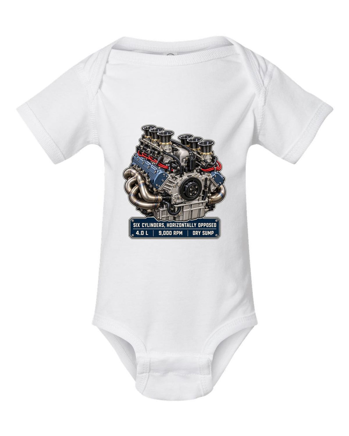 Porsche 992 GT3 RS 4.0 flat-six engine hero print design white baby onesie front view with the design