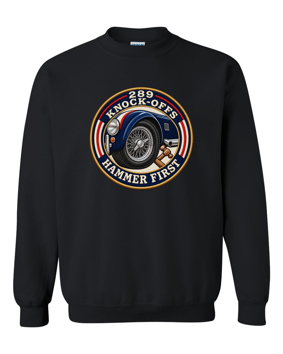 Embroidered-patch style crest print for a Shelby Cobra 289 with Knock-Offs lettering black crewneck front view with the design