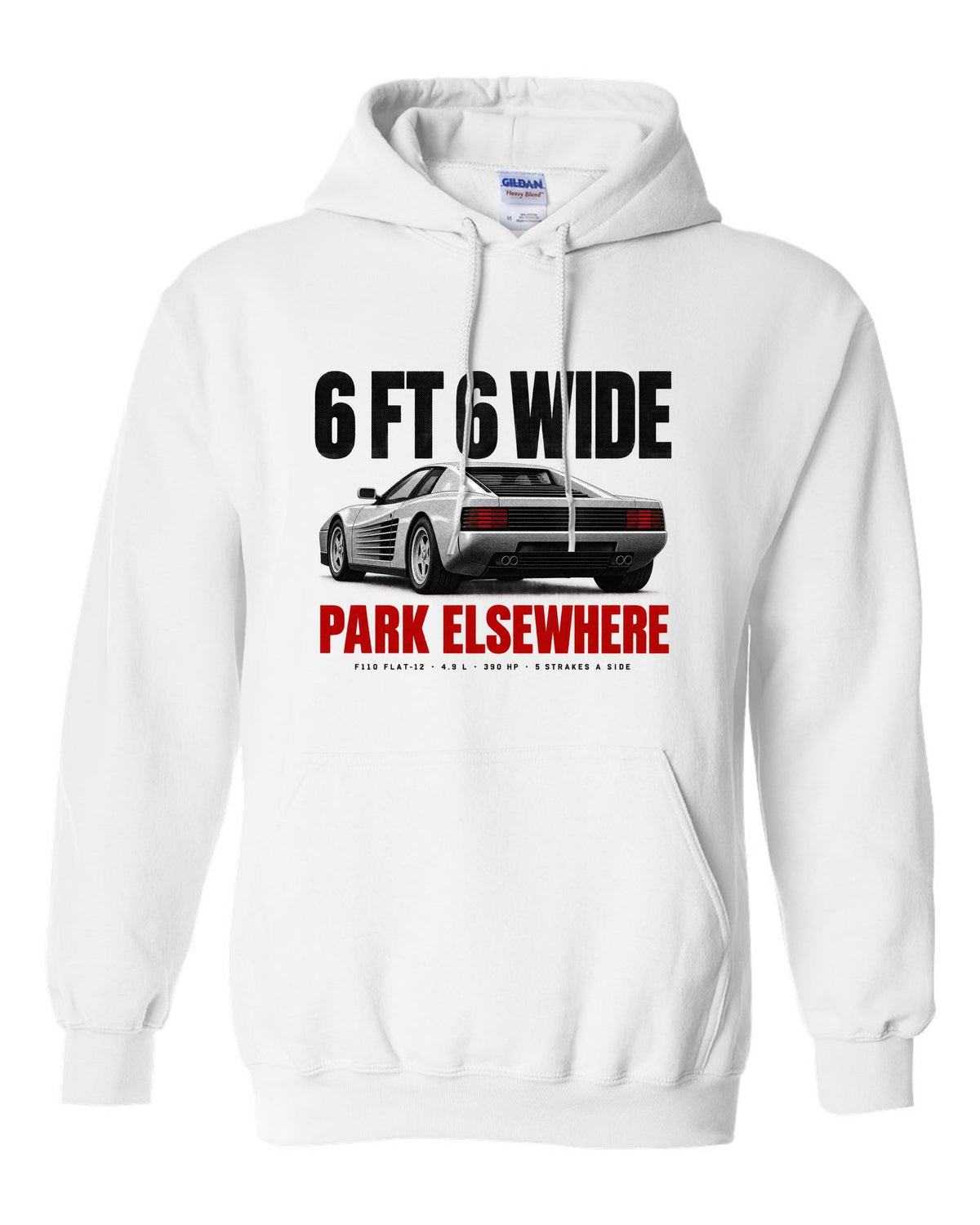 Ferrari Testarossa F110 1984 halftone print, 6 ft 6 wide, park elsewhere white pull over hoodie front view with the design