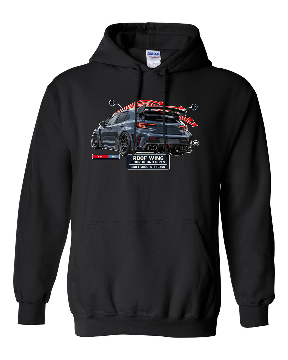 Mercedes-AMG A45 S W177 rear three-quarter with aero callout labels print black pull over hoodie front view with the design