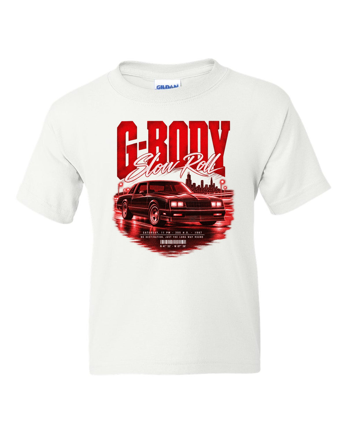 1987 Monte Carlo SS G-body street poster print with Slow Roll lettering white kids tee front view with the design