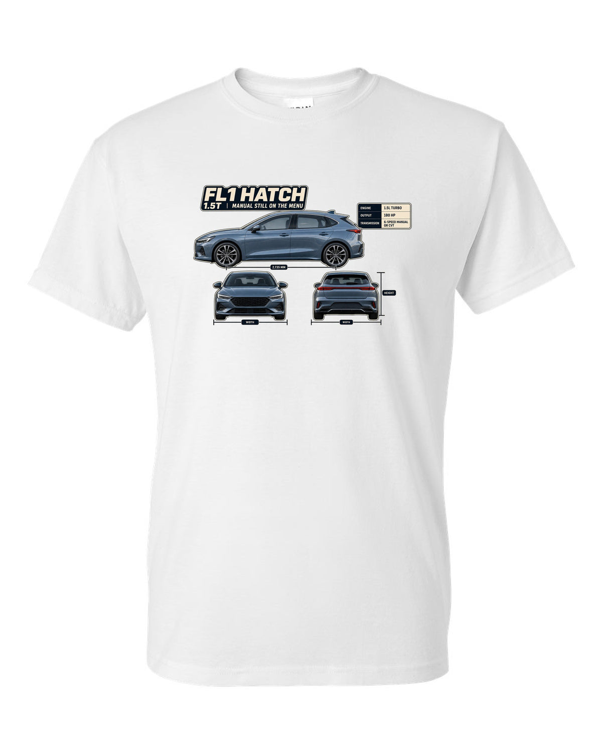 Honda Civic chback FL1 three-view spec table print white t-shirt front view with the design