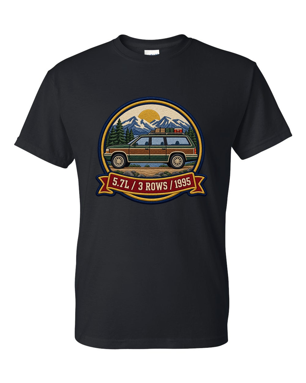 Varsity round crest print for a 1992-1999 Chevrolet Suburban GMT400 with 5.7L, 3 Rows, 1995 text black t-shirt front view with the design