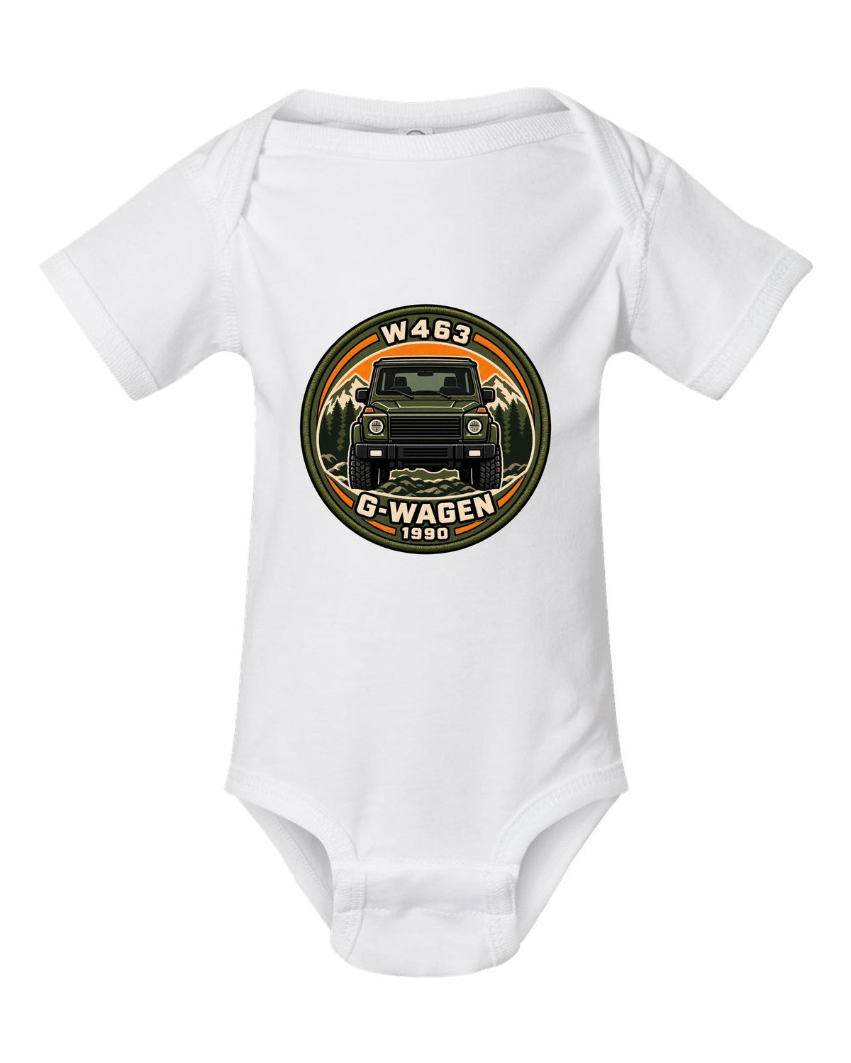 Varsity crest graphic reading W463 G-Wagen 1990 for the Mercedes G-Class, print white baby onesie front view with the design