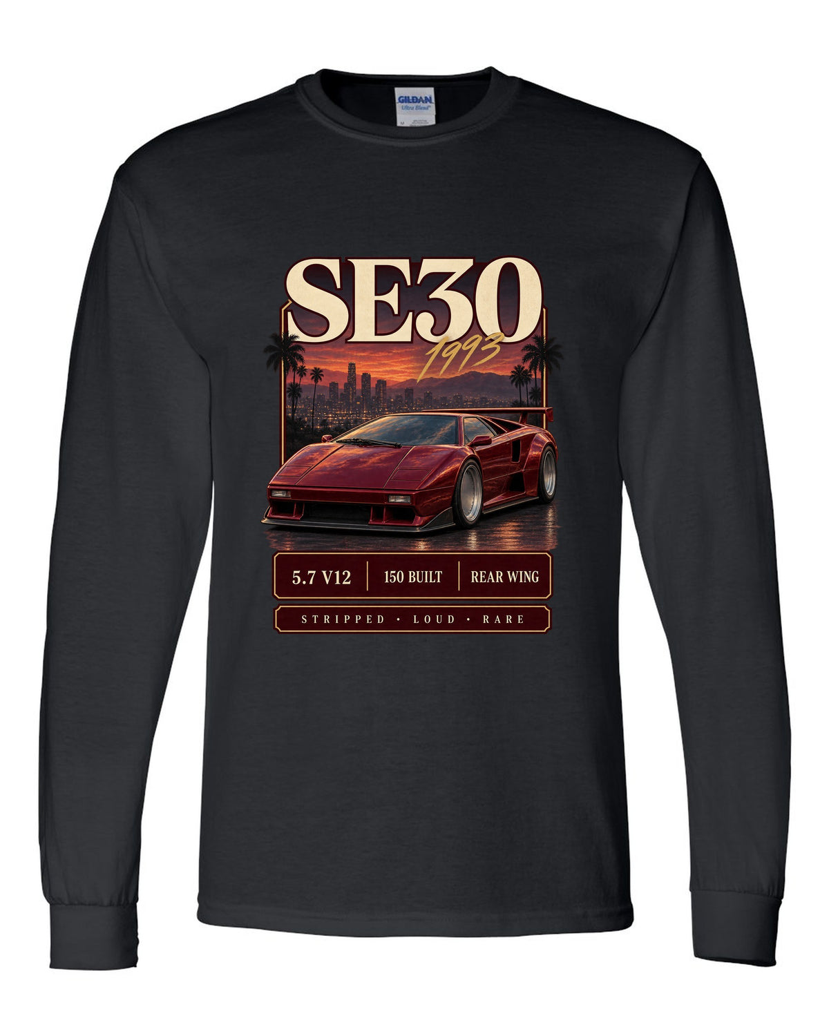 Archive panel print of a Lamborghini Diablo SE30 with 5.7 V12 and 150 built text black long sleeve front view with the design
