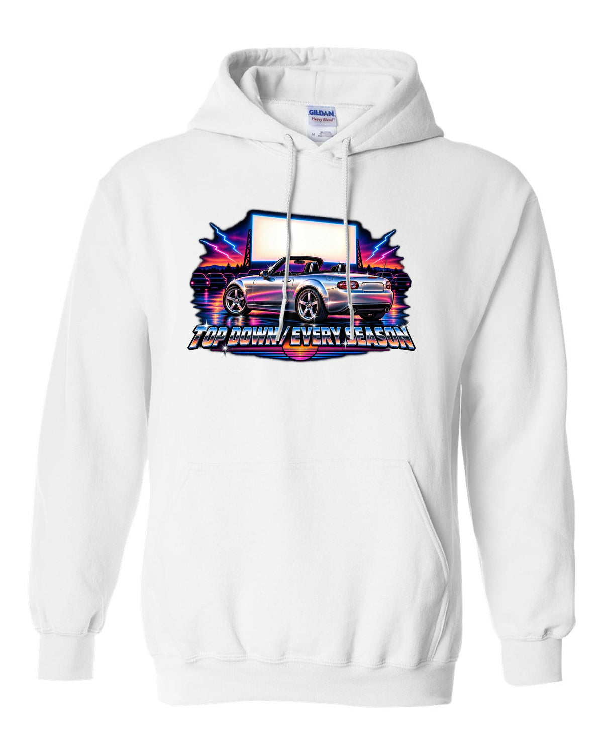 Eighties airbrush chrome print of a Mazda MX-5 NC with the text Top Down Every Season white pull over hoodie front view with the design