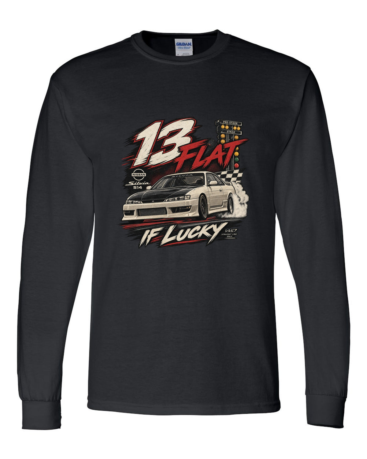 Vintage race poster print of a Nissan Silvia S14 with 13 flat if lucky text black long sleeve front view with the design