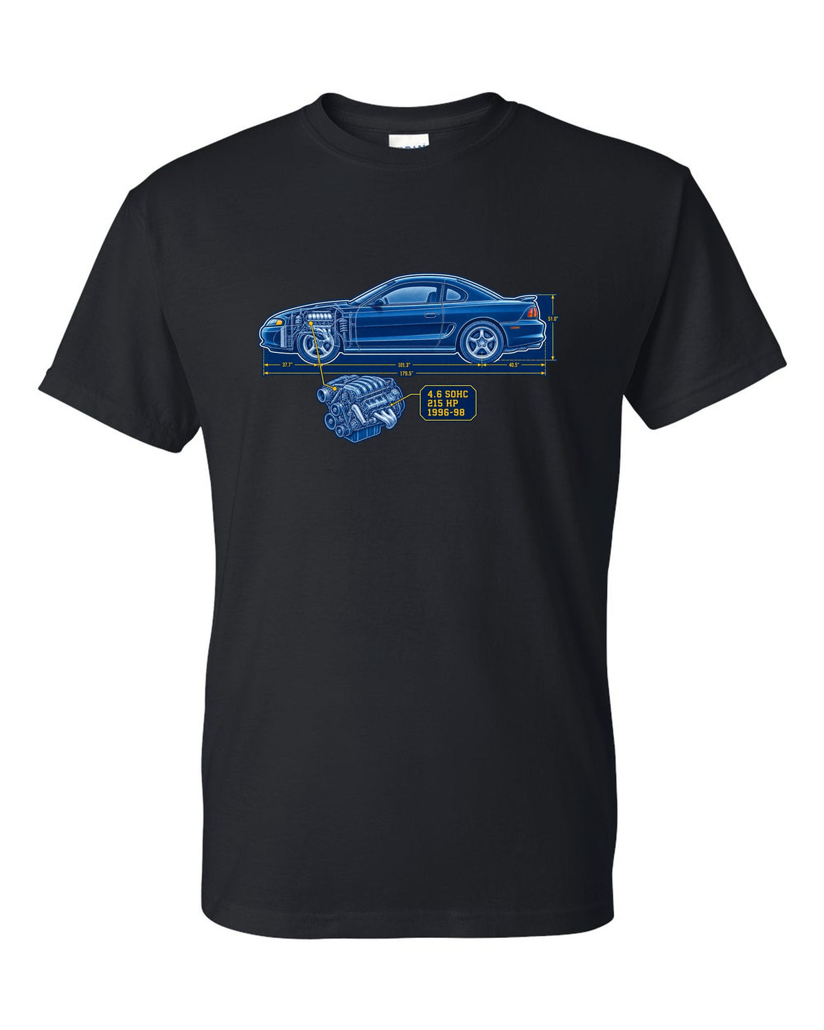 Cyanotype blueprint print of a 1994-98 Ford Mustang SN95 coupe black t-shirt front view with the design