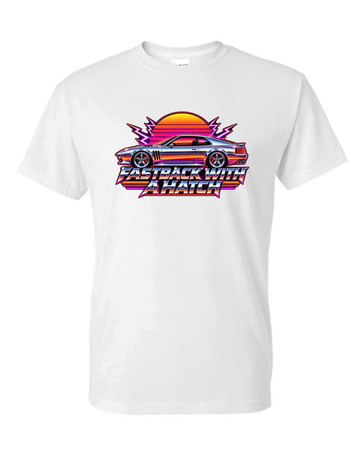 Kia Stinger GT CK 80s airbrush chrome sunset print with fastback with a ch text white t-shirt front view with the design