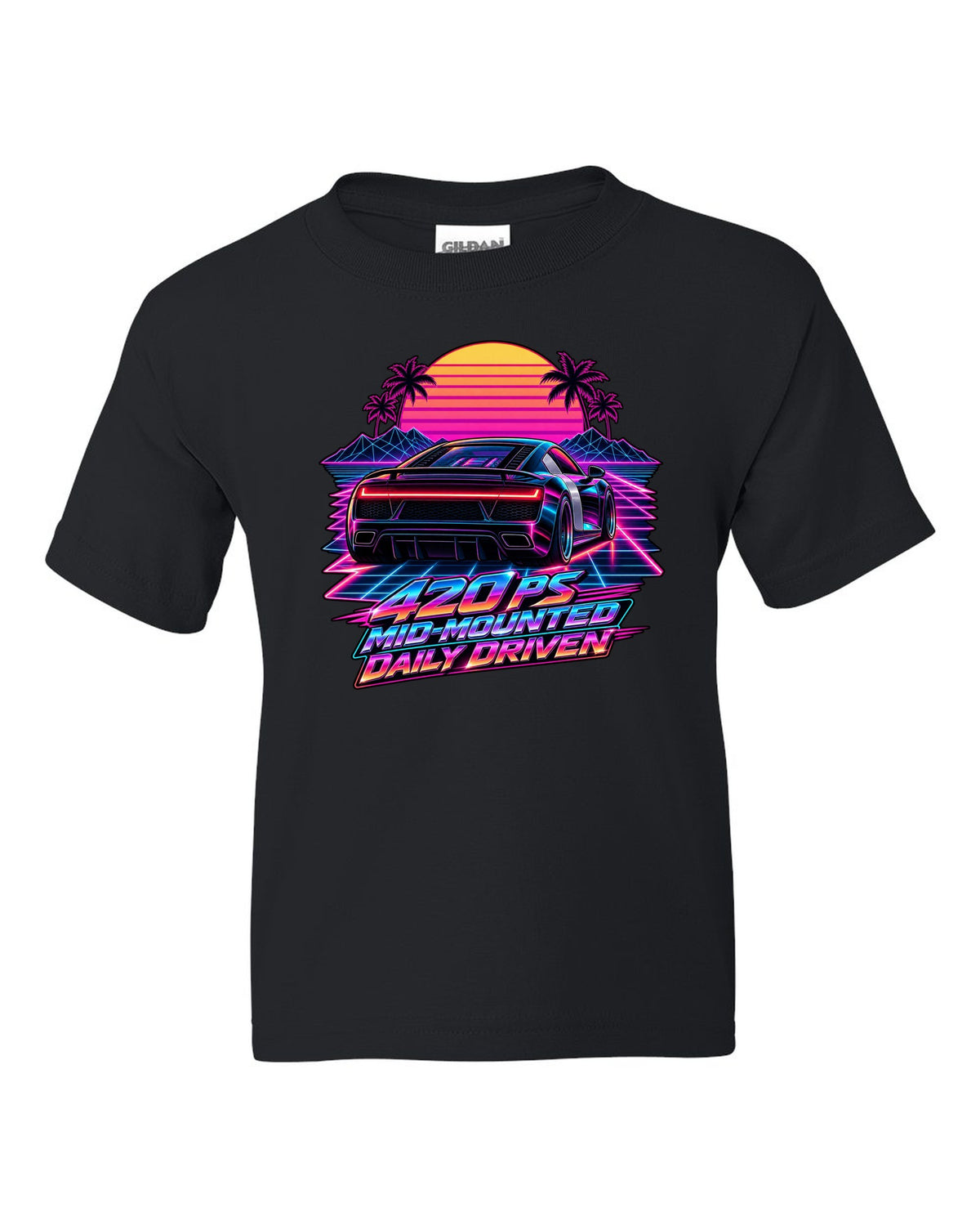 80s synthwave print of an Audi R8 Type 42 rear lights with Daily Driven text black kids tee front view with the design