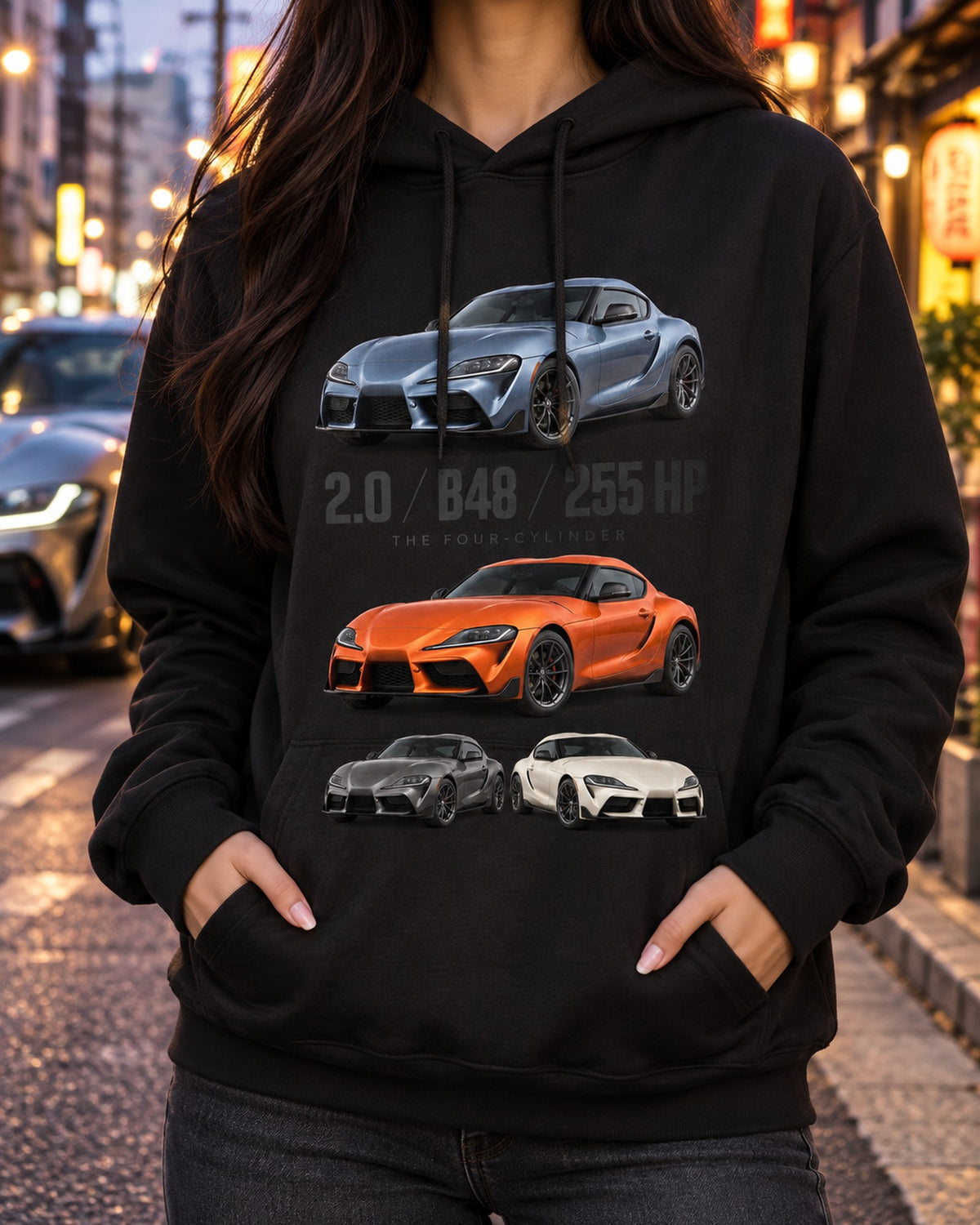 Toyota GR Supra 2.0 B48 Spec Poster Shirt, Four-Cylinder Pull Over Hoodie Black worn hero