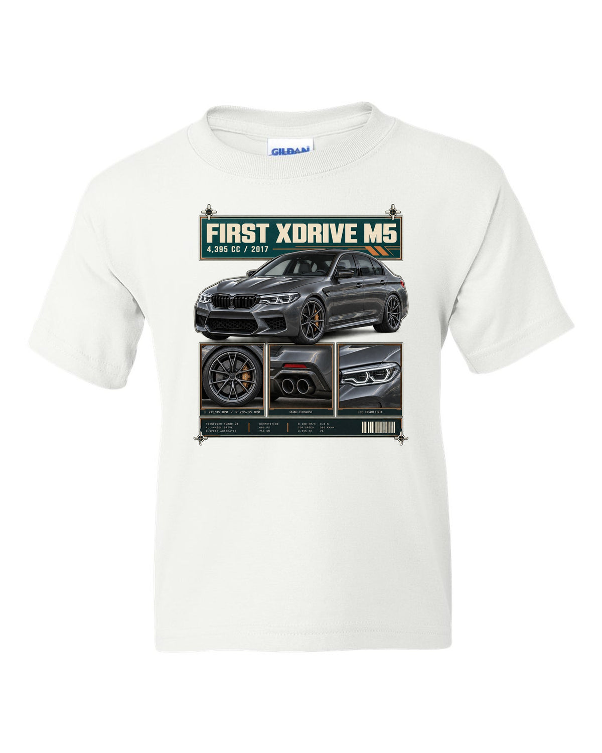 BMW M5 F90 Competition dossier panel print on a tee white kids tee front view with the design