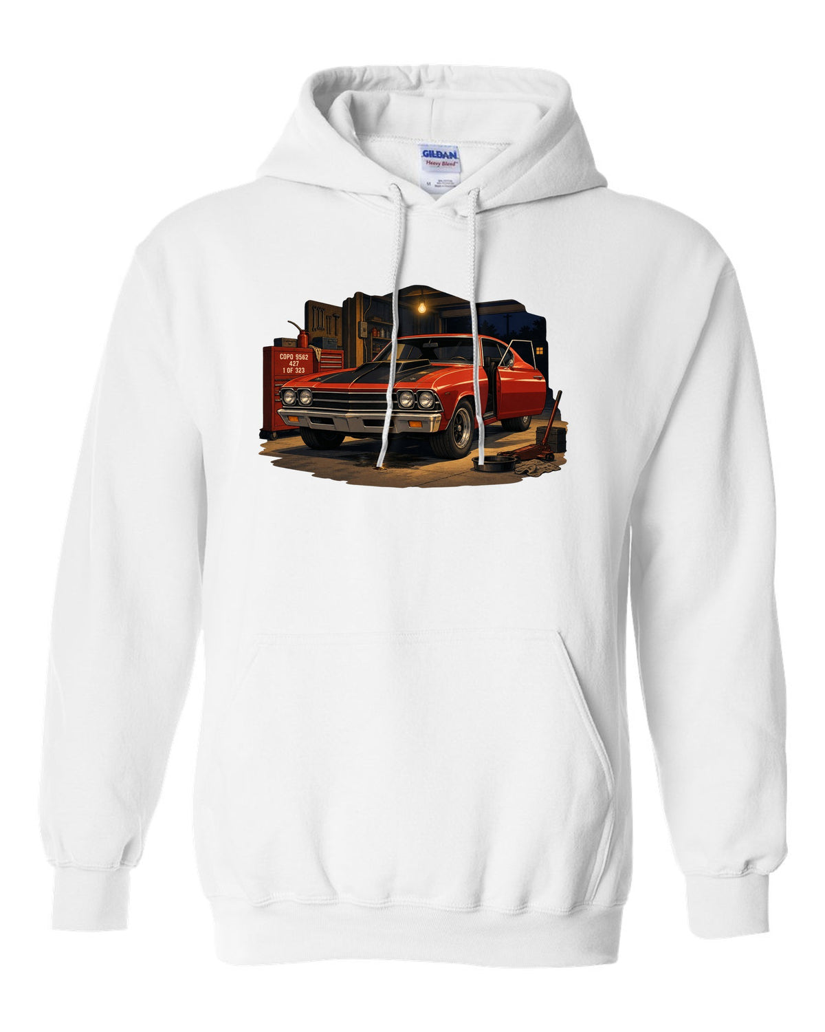 Cel-shaded anime print of a 1969 Chevelle COPO in a night garage with the text COPO 9562, 427, 1 of 323 white pull over hoodie front view with the design