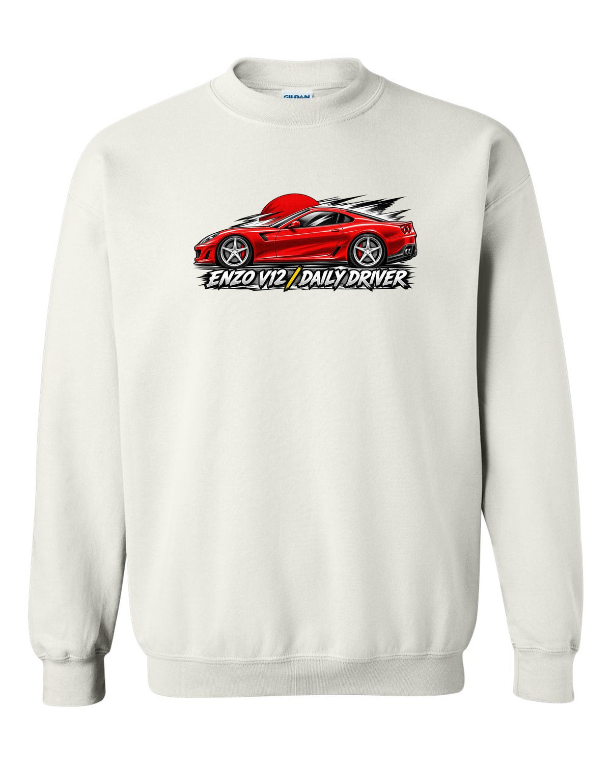 Retro manga halftone panel print of a Ferrari 599 GTB with Enzo V12 and Daily Driver lettering white crewneck front view with the design