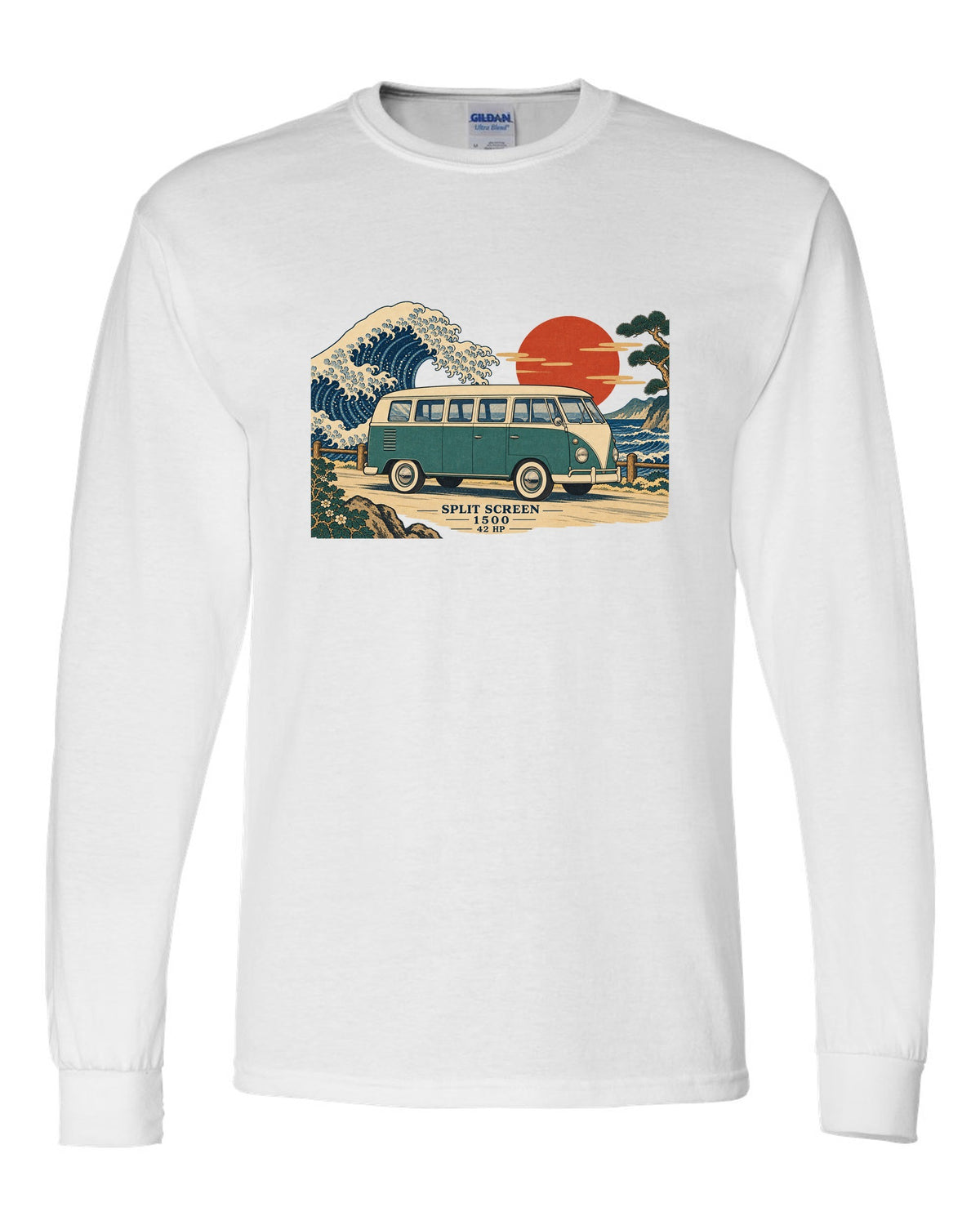 Ukiyo-e woodblock of a 1963 split-window VW Bus T1 with a wave and 42 HP lettering white long sleeve front view with the design