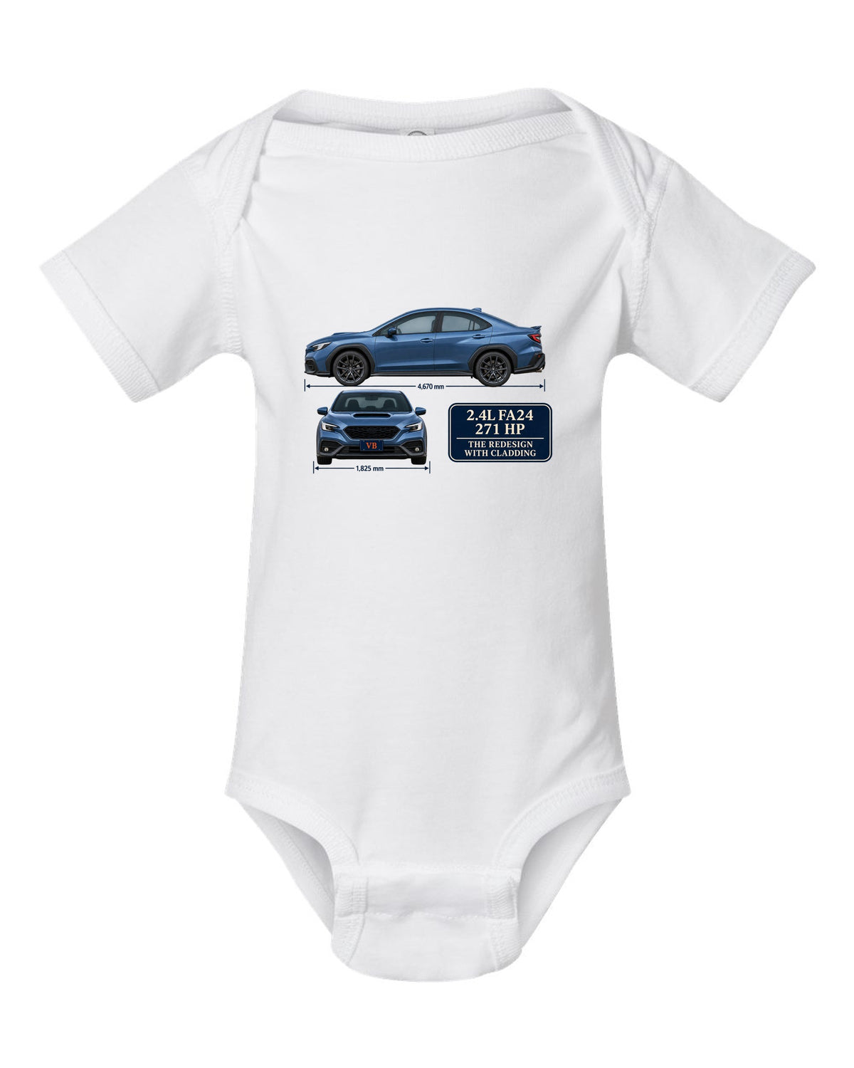 Subaru WRX VB sedan in rally blue-grey with editorial headline white baby onesie front view with the design