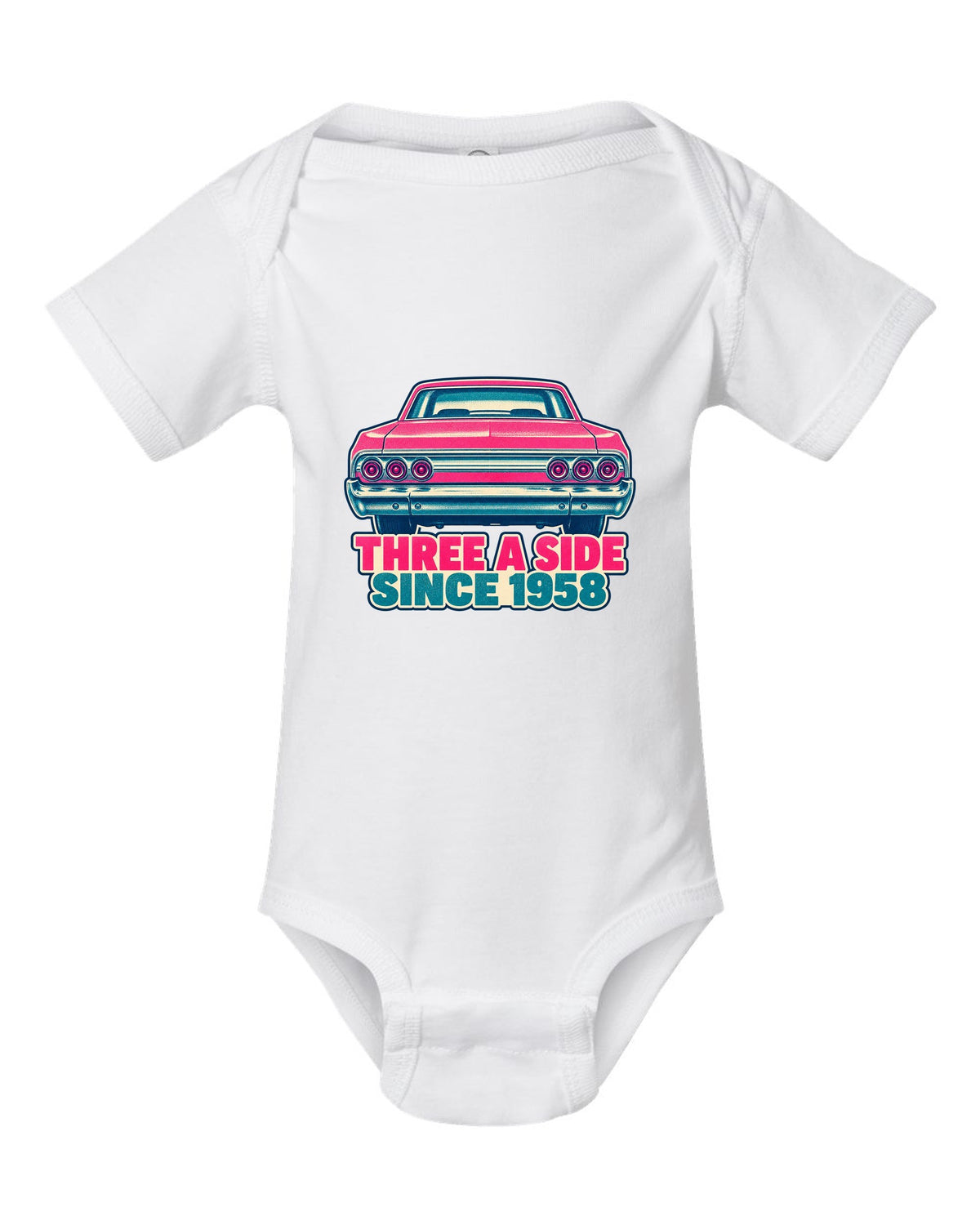 Two-colour risograph print of a 1964 Chevrolet Impala with its triple taillights white baby onesie front view with the design