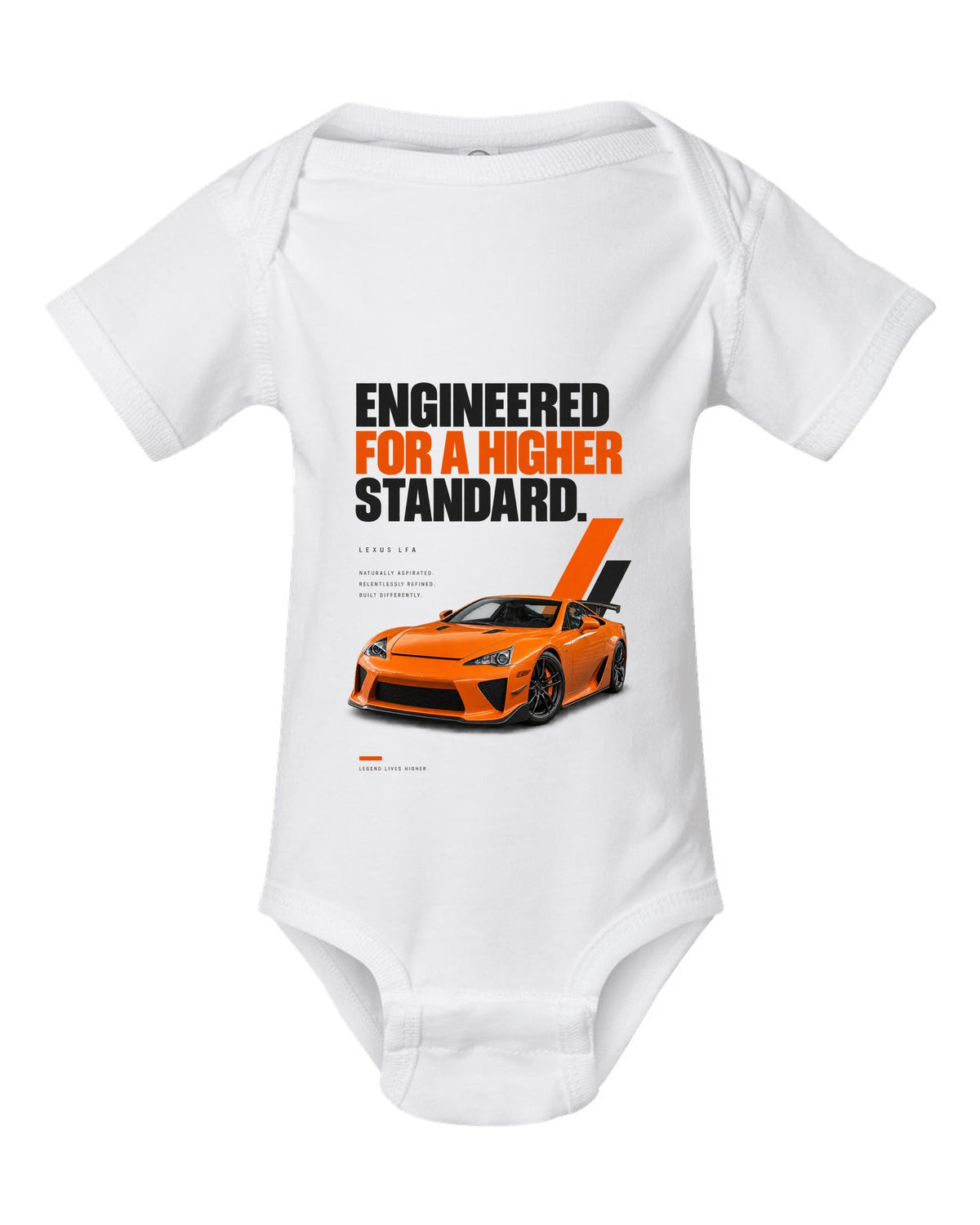 Magazine headline layout featuring the Lexus LFA and its digital tachometer white baby onesie front view with the design