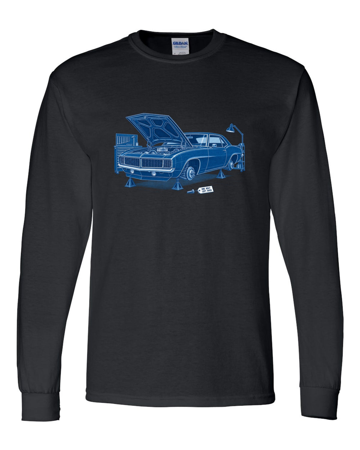 1969 Camaro first-generation in cyanotype negative blueprint style with the text One Bolt Left Over black long sleeve front view with the design