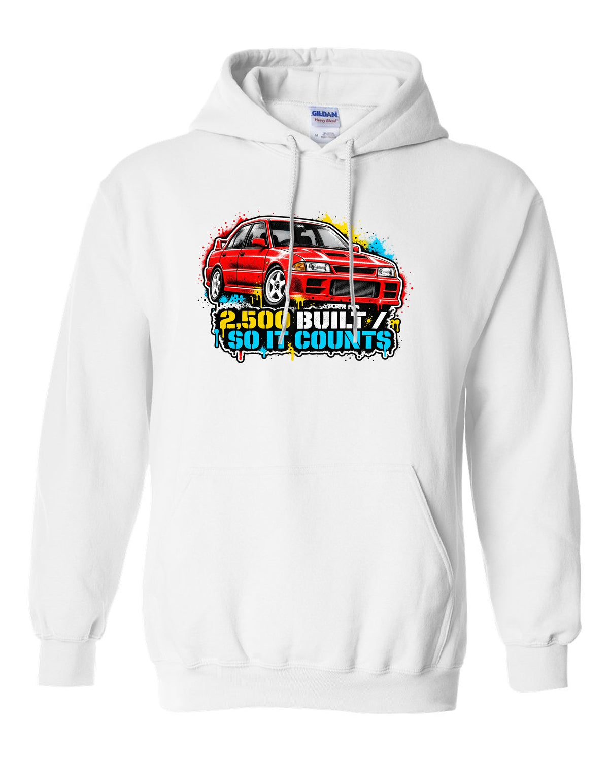 Mitsubishi Lancer Evolution I CD9A in stencil spray street art, 2,500 BUILT / SO IT COUNTS white pull over hoodie front view with the design