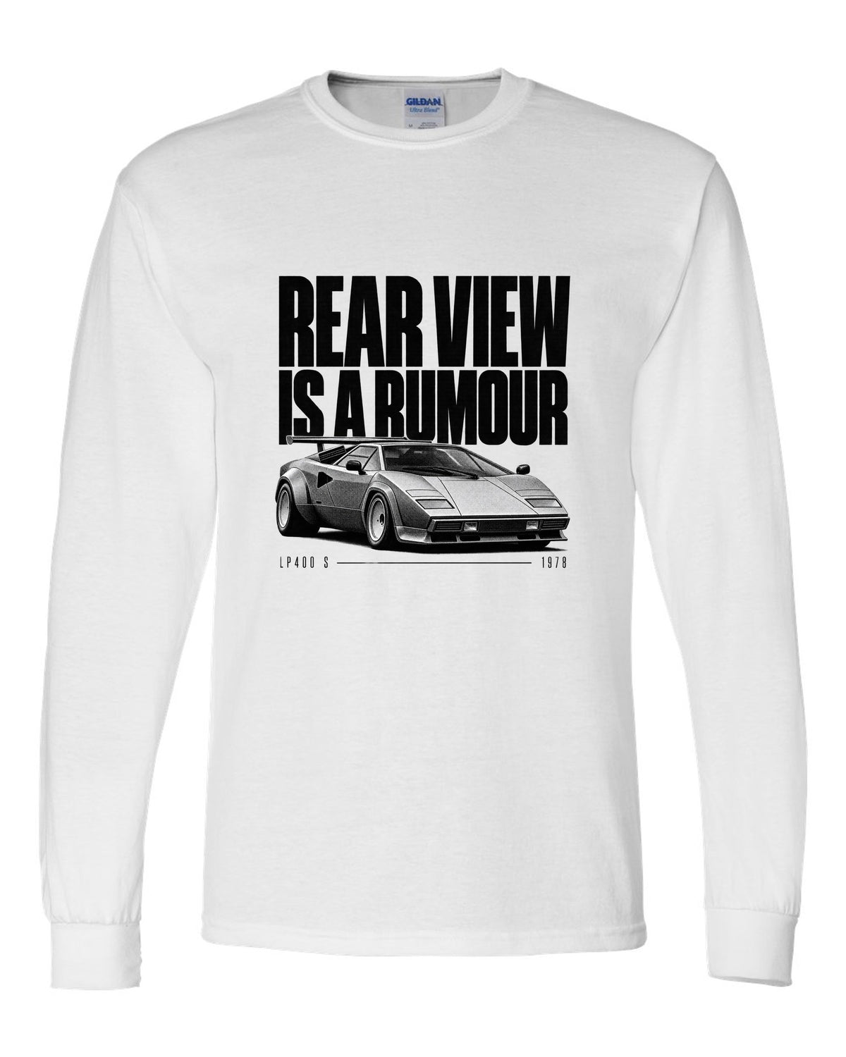 Halftone print of a Lamborghini Countach LP400 S with rear wing and rear view is a rumour text white long sleeve front view with the design