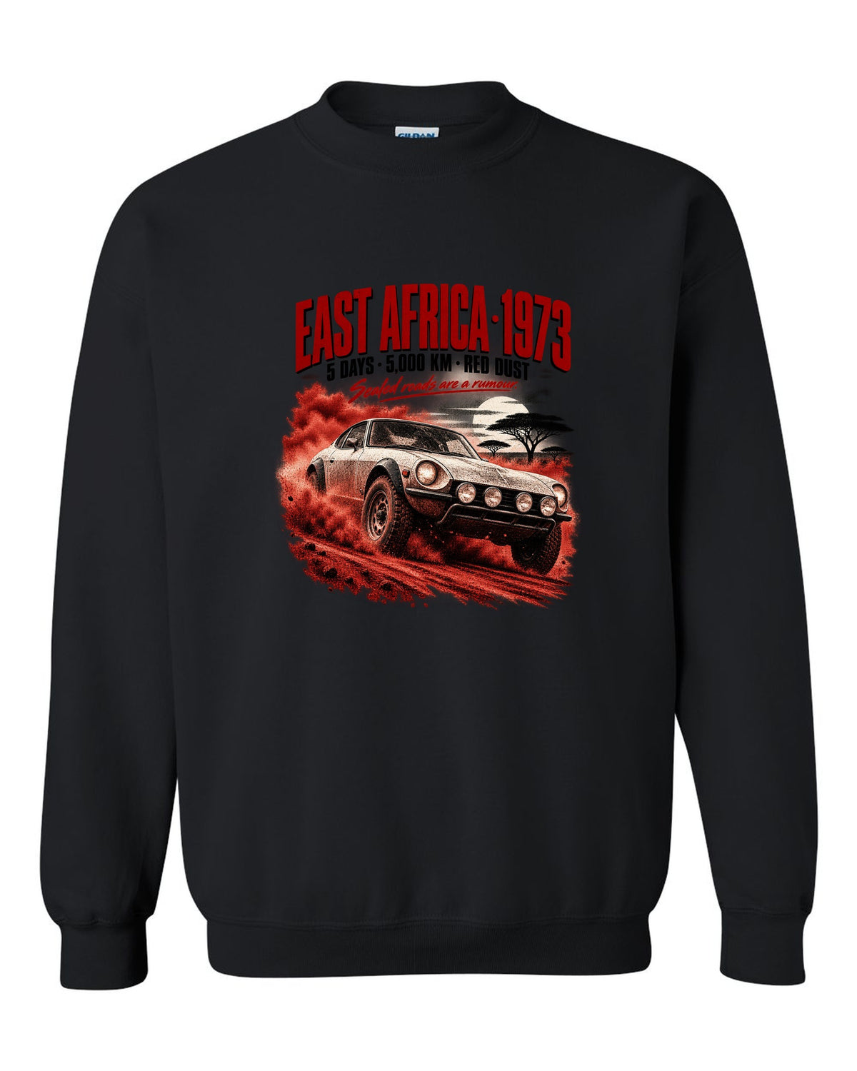 Rally poster print of a 1973 Datsun 240Z S30 rally car for East Africa black crewneck front view with the design