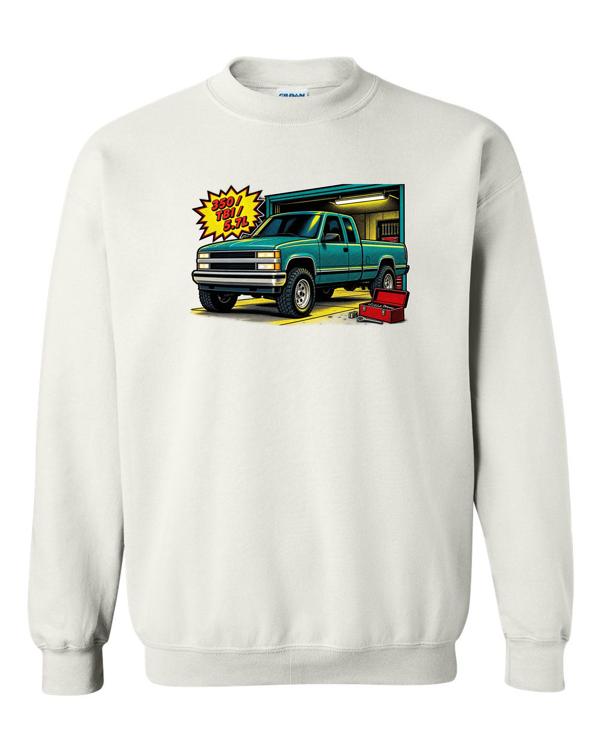 Comic halftone pop-art print of a 1988-1998 Chevrolet GMT400 OBS Silverado with 350 TBI 5.7L text white crewneck front view with the design