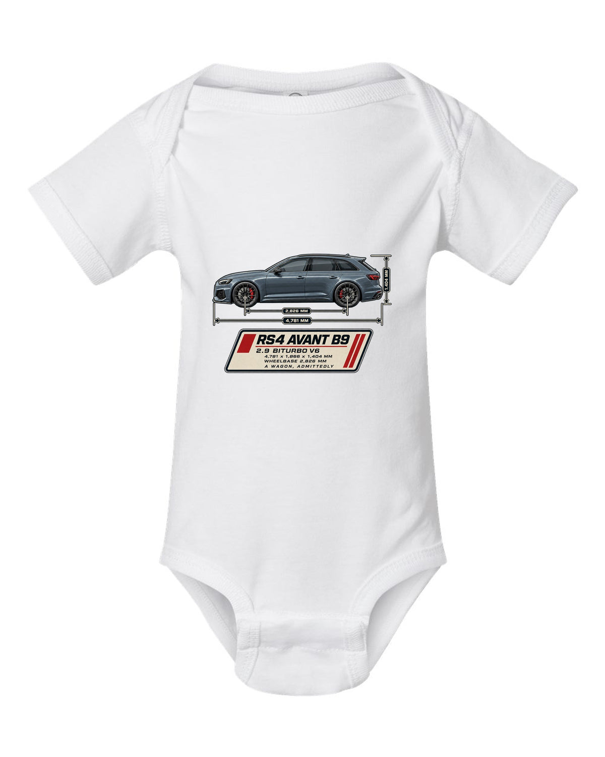 Audi RS4 Avant B9 dimension blueprint print with measurements white baby onesie front view with the design
