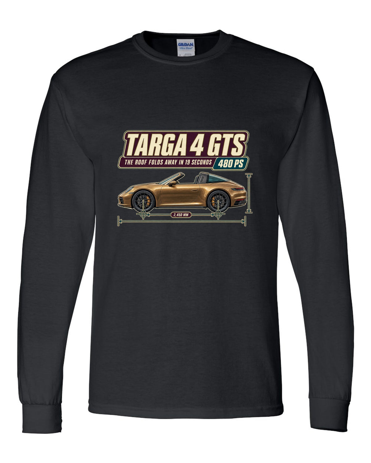 Editorial headline print of a Porsche 911 Targa 4 GTS 992 black long sleeve front view with the design