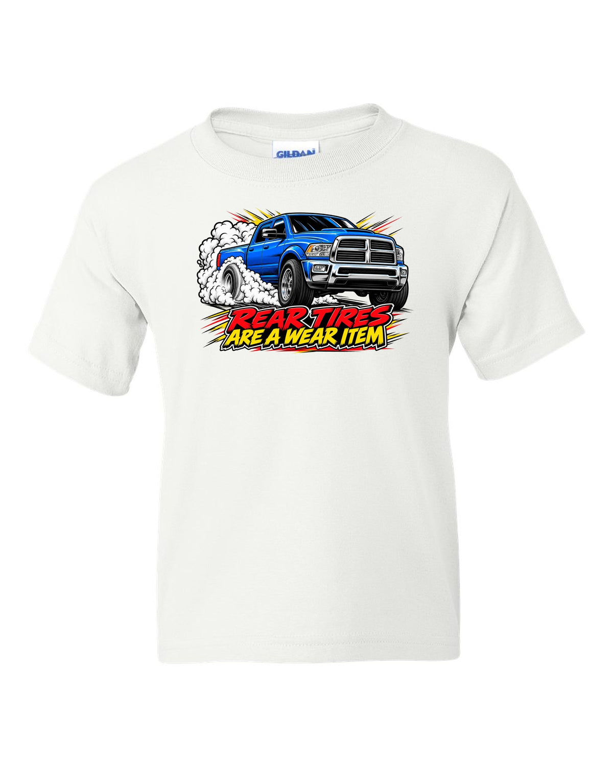 Comic ink burnout print of a 2003-2009 Dodge Ram 2500 5.9 Cummins HO white kids tee front view with the design