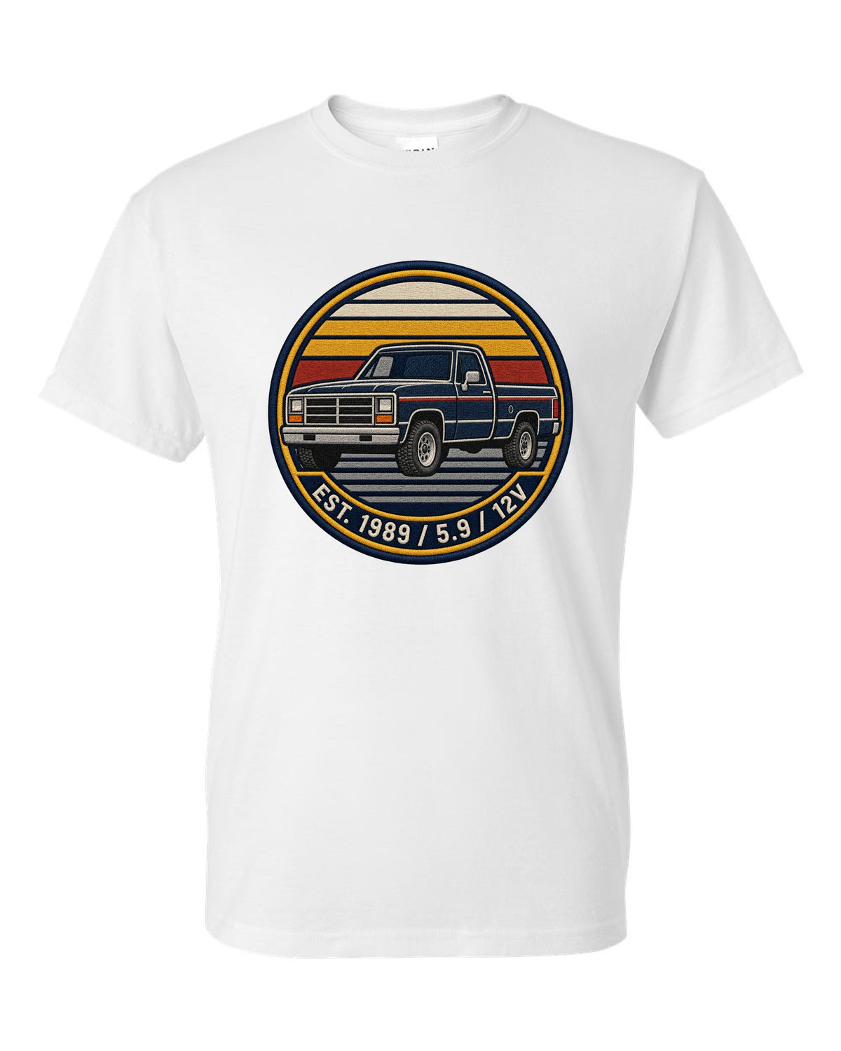 Varsity-style grille crest print of a 1989-1993 Dodge Ram 1st gen with Est. 1989 5.9 12V text white t-shirt front view with the design
