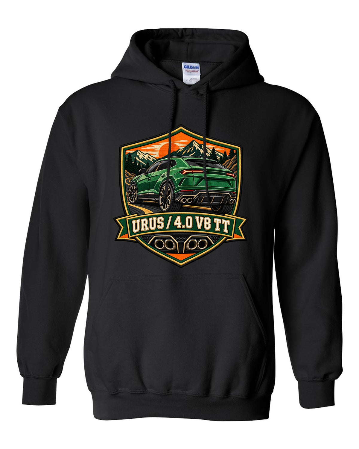 Embroidery-style shield crest of a Lamborghini Urus with 4.0 V8 TT text black pull over hoodie front view with the design