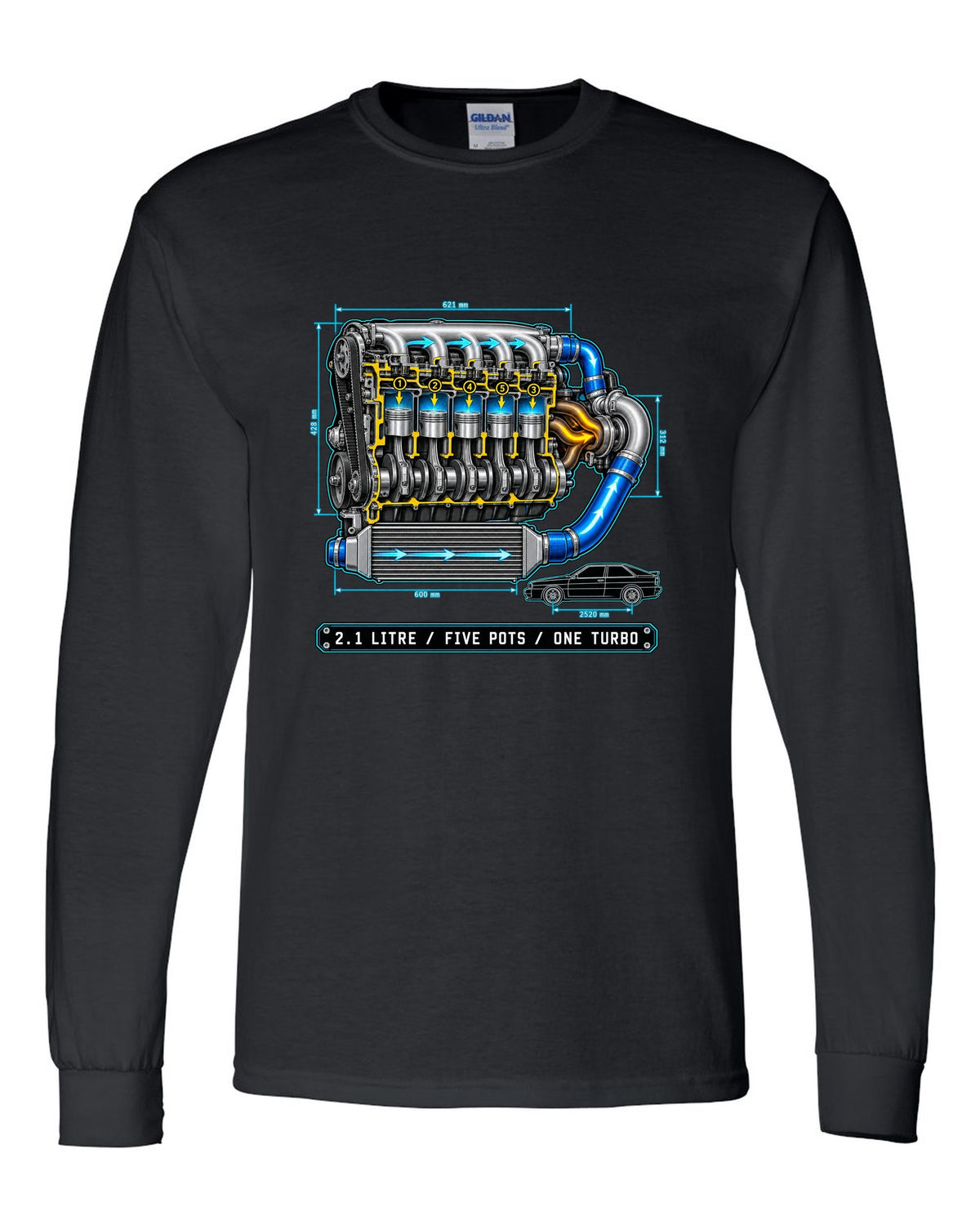 Technical blueprint print of an Audi Ur-Quattro Type 85 with five pots text black long sleeve front view with the design