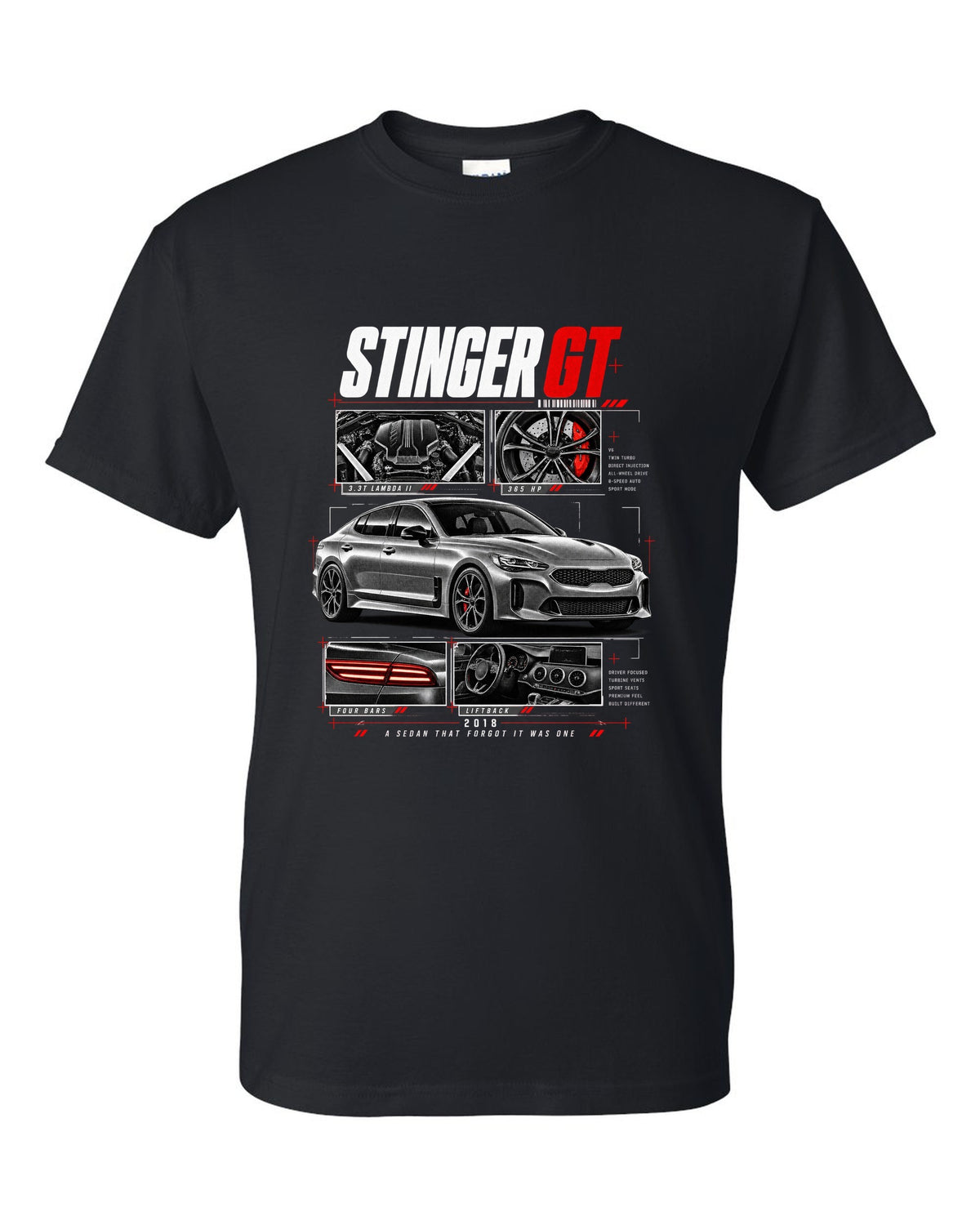 Kia Stinger GT dossier panels with 3.3T engine and liftback details black t-shirt front view with the design