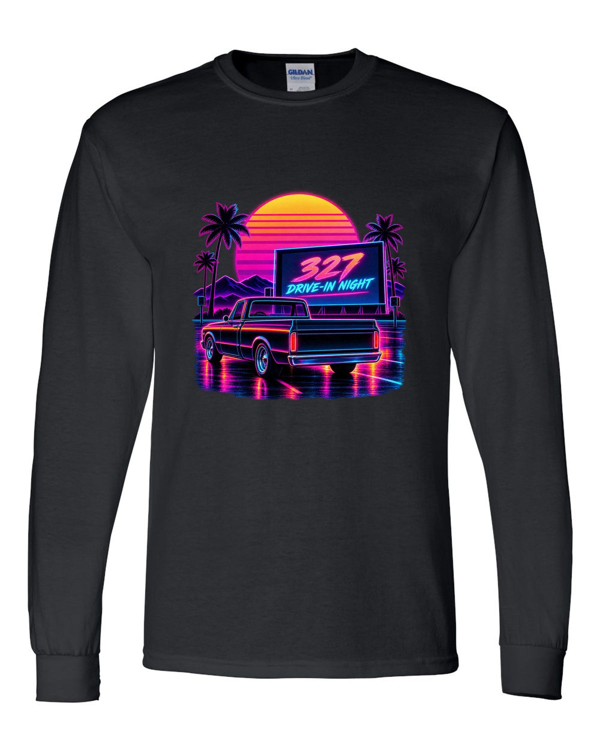 Synthwave outrun print of a 1967-72 Chevrolet C10 Action Line Fleetside at a drive-in with 327 lettering black long sleeve front view with the design