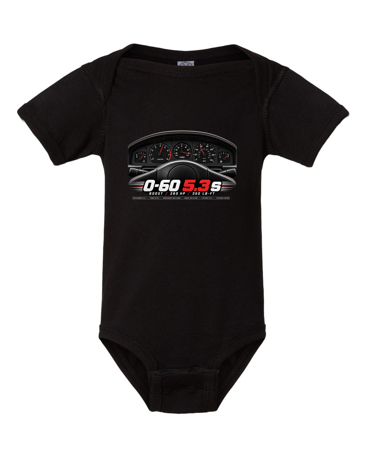 print of a 1991 GMC Syclone gauge cluster crop with boost and speed figures black baby onesie front view with the design