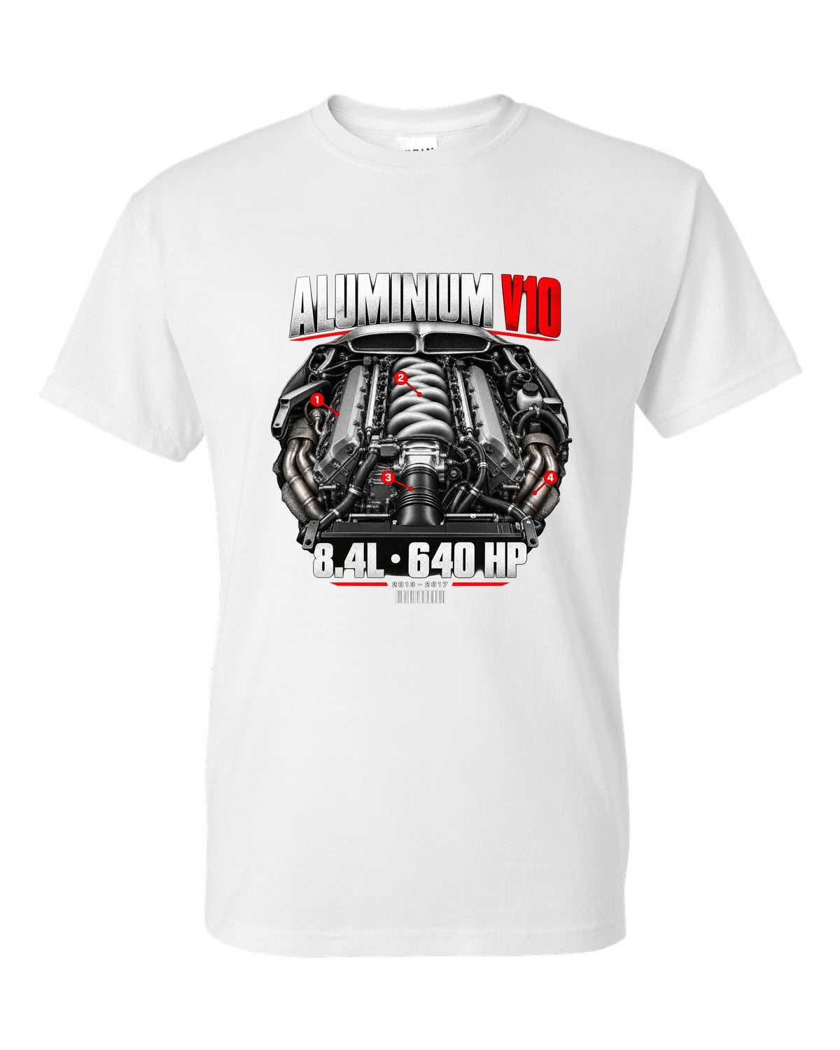 Dodge Viper VX aluminium V10 engine hero print with 8.4L and 640 HP lettering white t-shirt front view with the design