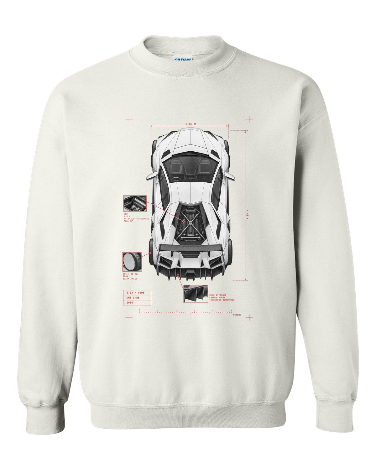 Lamborghini Aventador S LP740-4 spec poster print reading 2.03 M wide, one lane, 2016 white crewneck front view with the design