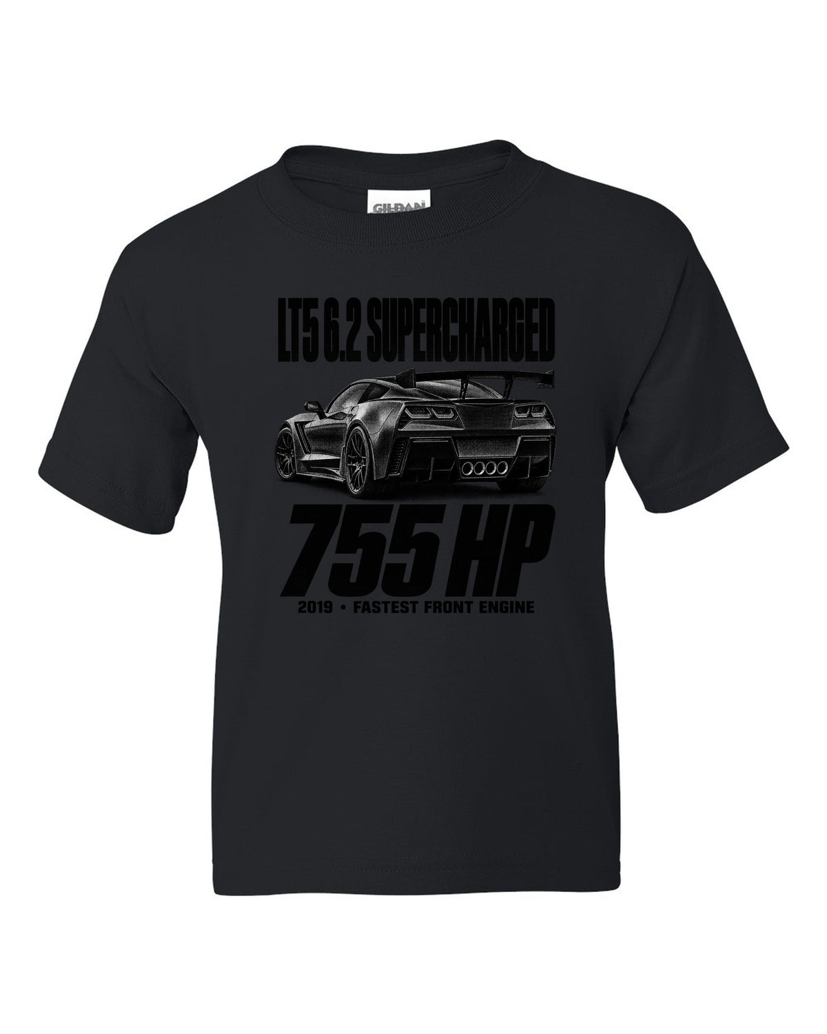 Corvette C7 ZR1 2019 halftone print with rear wing and vents black kids tee front view with the design