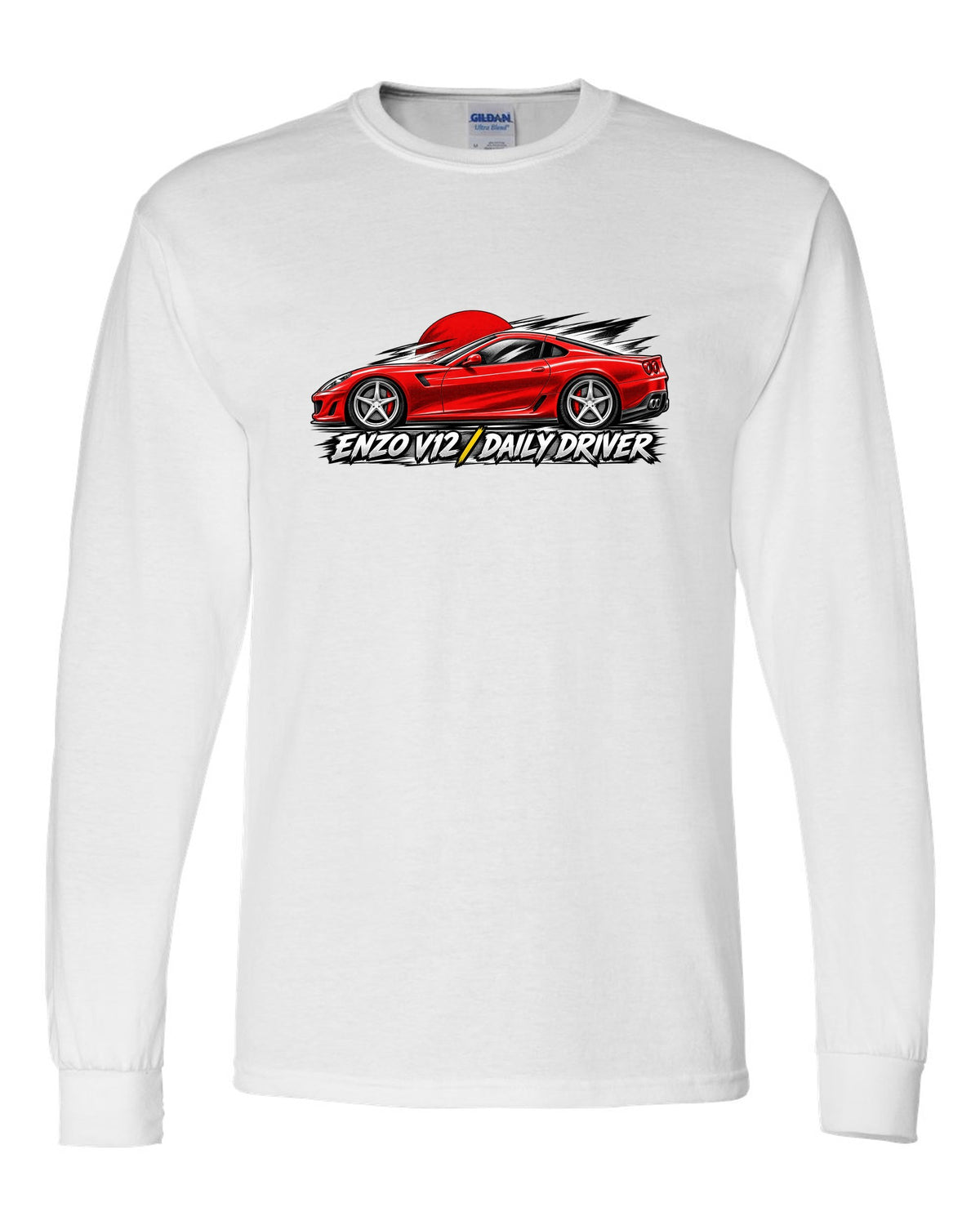 Retro manga halftone panel print of a Ferrari 599 GTB with Enzo V12 and Daily Driver lettering white long sleeve front view with the design