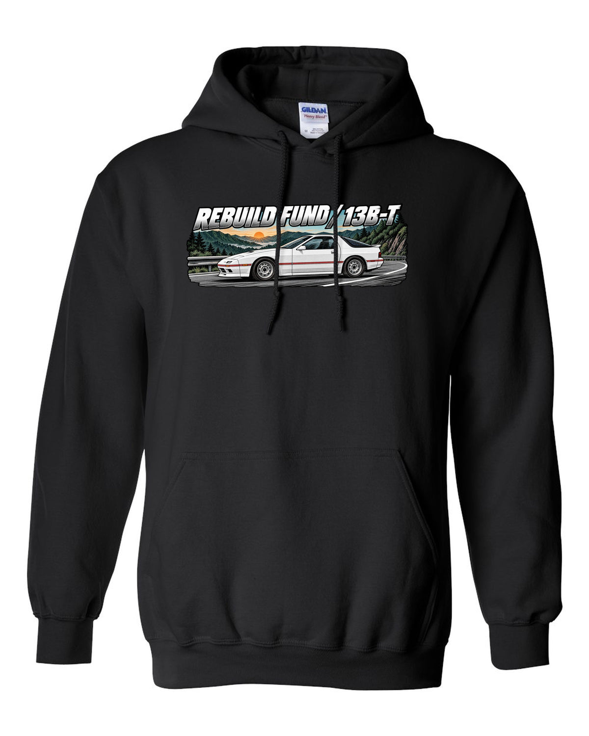 Retro manga ink and screentone illustration of a Mazda RX-7 FC3S black pull over hoodie front view with the design