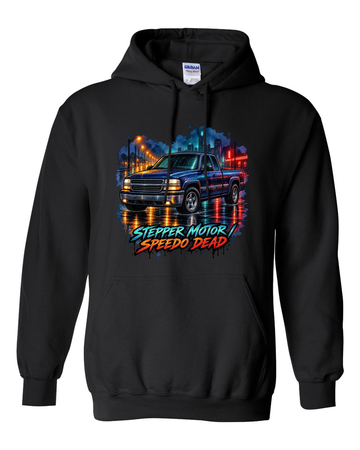 Watercolor wet-road night print of a 1999-2006 Chevrolet GMT800 NBS Silverado with stepper motor speedo dead lettering black pull over hoodie front view with the design