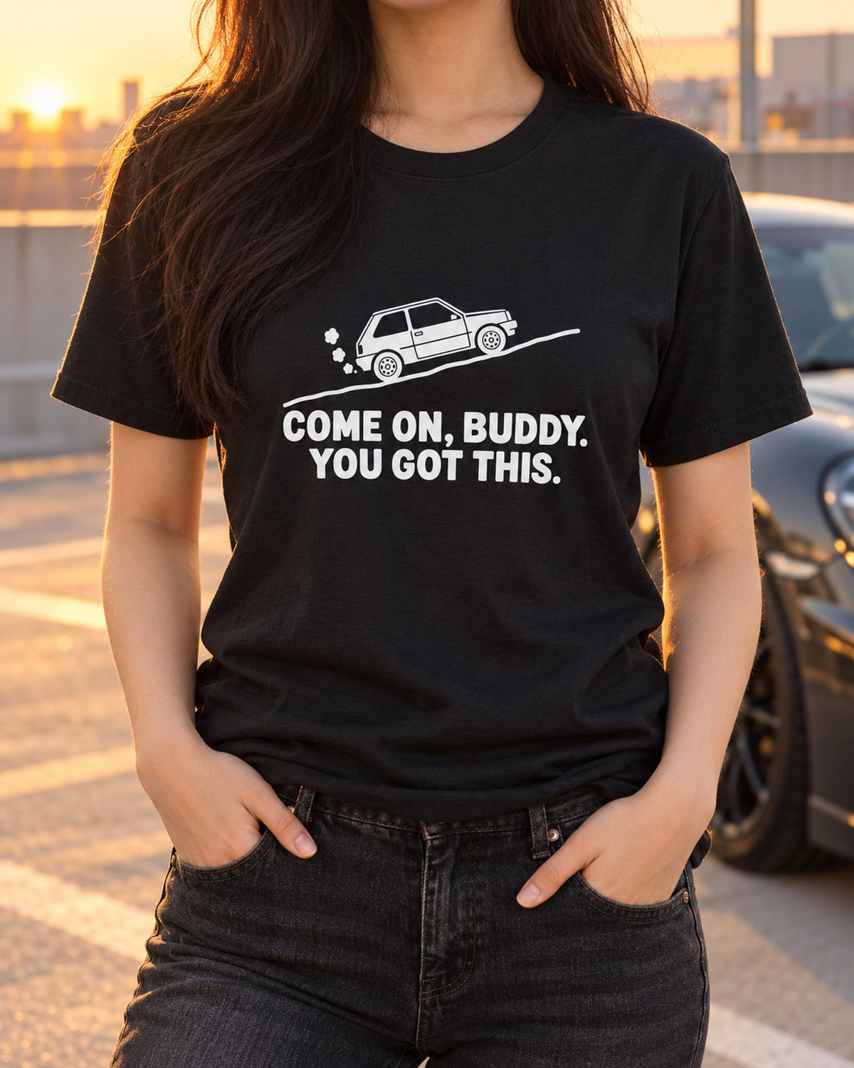 Funny Little Car Climbing Hill Shirt for Car Guys T-Shirt Black worn hero