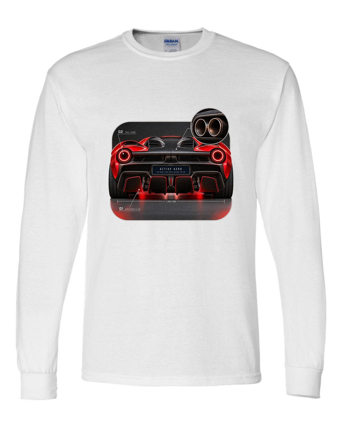 Ferrari LaFerrari taillight macro print with active aero caption white long sleeve front view with the design