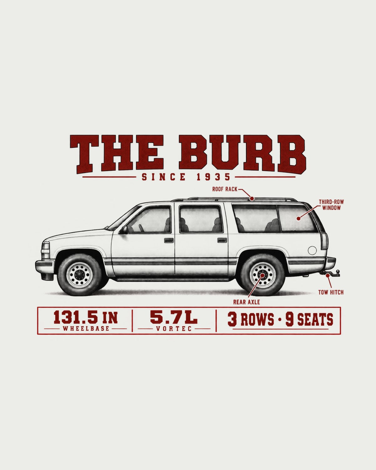Chevy Suburban GMT400 Spec Poster Shirt, 131.5 in Wheelbase design only