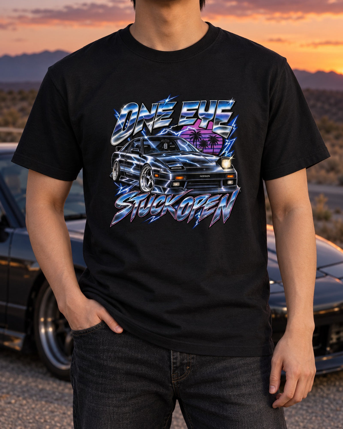 Nissan 180SX Pop-Up Headlight Chrome Airbrush Tee T-Shirt Black worn hero